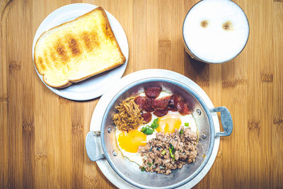 High angle view of breakfast served on table