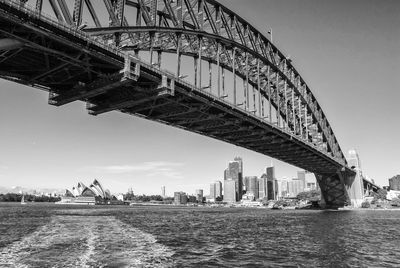 Bridge over river with city in background