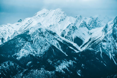 Aerial view of snowcapped mountains against sky
