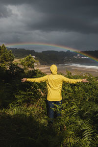 Rear view of man standing on field against sky