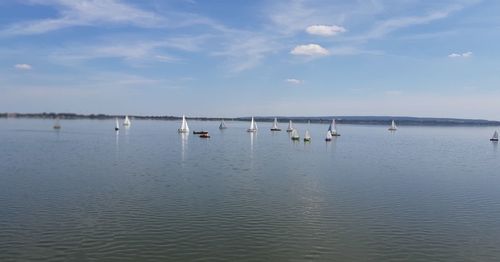 Sailboats in sea against sky