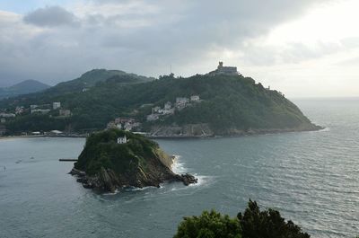 Scenic view of sea and mountains against sky