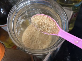 High angle view of coffee in jar on table