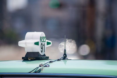 Close-up of vintage car on table