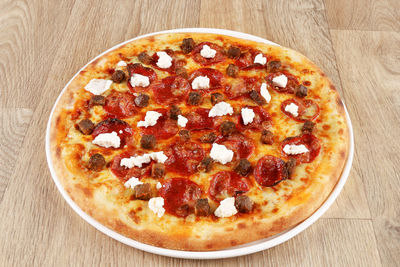 High angle view of pizza on table