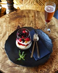 High angle view of dessert in plate on table