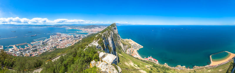 High angle view of sea against blue sky