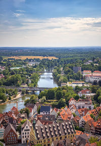 Houses and river in the city of ulm, germany. view from the top of the world's tallest church.
