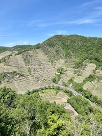 High angle view of green landscape against sky