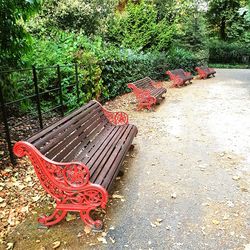 High angle view of bench in park