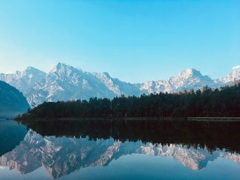 Scenic view of lake and mountains against clear sky