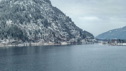 Scenic view of lake by snowcapped mountain against sky