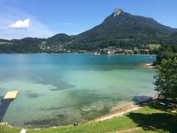 Scenic view of lake by mountains against sky