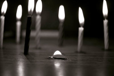 Close-up of lit candles on floor