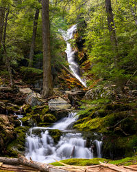 Long exposure of multiple waterfalls in a lush green forrest in massachusetts, scenic view in forest