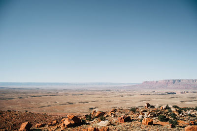 Scenic view of desert against clear blue sky