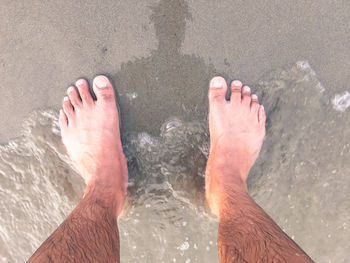 Low section of person on wet sand at beach