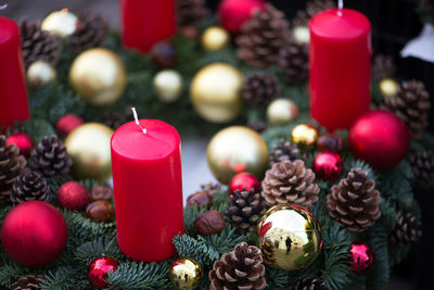 High angle view of christmas decorations on table