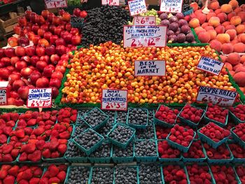 High angle view of various fruits for sale in market stall