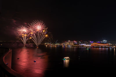 Fireworks in yas bay abu dhabi for celebrating public islamic holiday eid al fitr