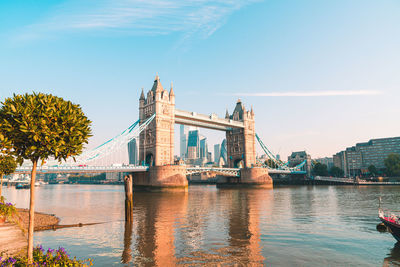 Bridge over river with city in background