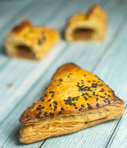 High angle view of bread in plate on table