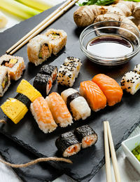 High angle view of sushi in plate on table