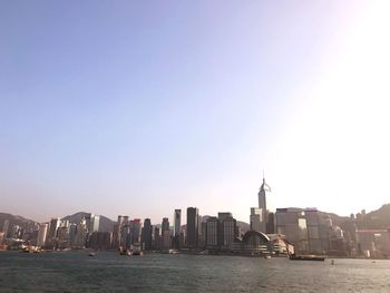 View of city buildings against clear sky