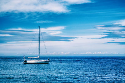 Sailboat sailing on sea against sky