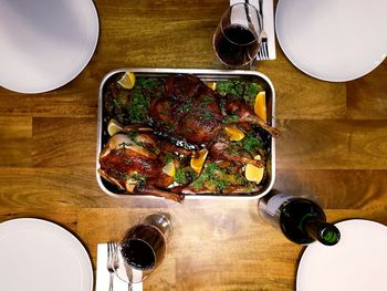 High angle view of food served on table