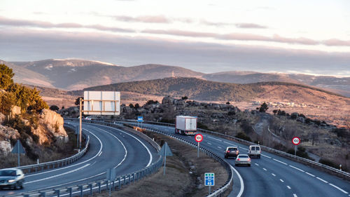 High angle view of highway against mountains