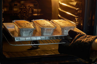 High angle view of food baking in oven