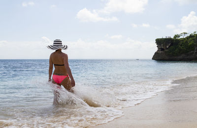 Rear view of person on beach against sky