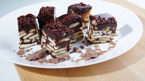 High angle view of cake in plate on table