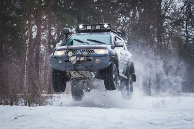 Cars on road amidst trees during winter