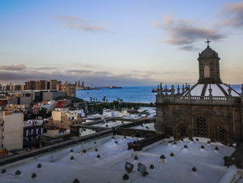 High angle view of buildings against cloudy sky