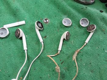 High angle view of various coins on table