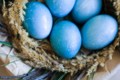 High angle view of multi colored eggs on table