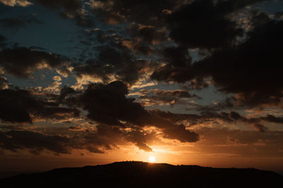 Low angle view of silhouette mountain against dramatic sky