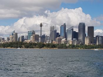 View of cityscape against cloudy sky
