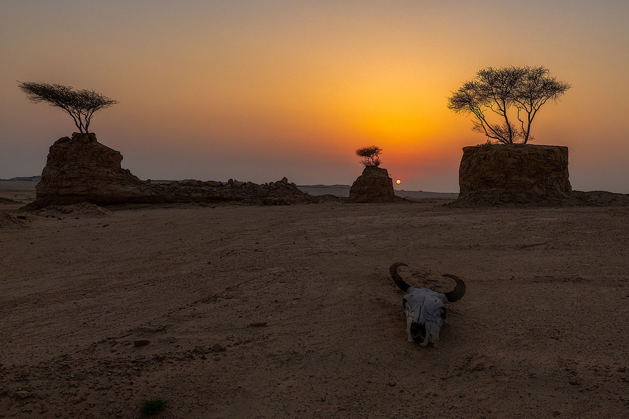 VIEW OF ROCKS ON LAND AGAINST SKY DURING SUNSET