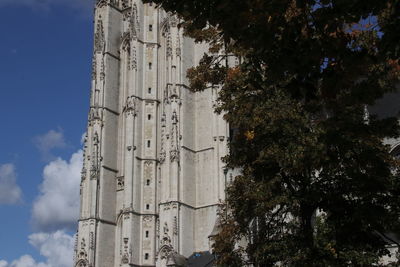 Low angle view of trees and building against sky