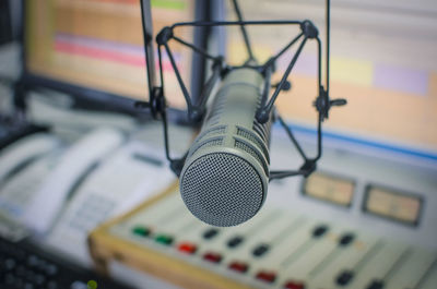 Close-up of microphone at recording studio