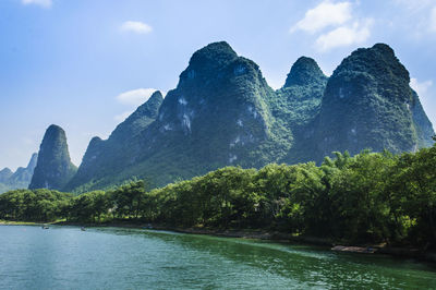 Scenic view of river by mountains against sky