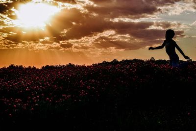 Silhouette man on field against sky during sunset