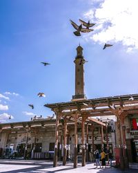 Low angle view of seagulls flying in city against sky