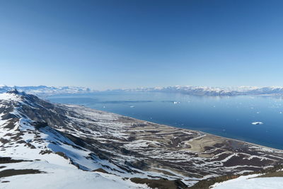 Scenic view of sea and mountains against clear blue sky during winter