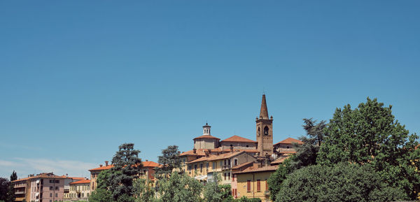 Trees and buildings against clear blue sky