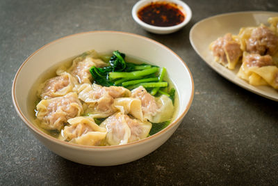 High angle view of food in bowl on table