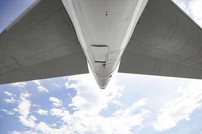 Rear view of jet airliner against blue sky